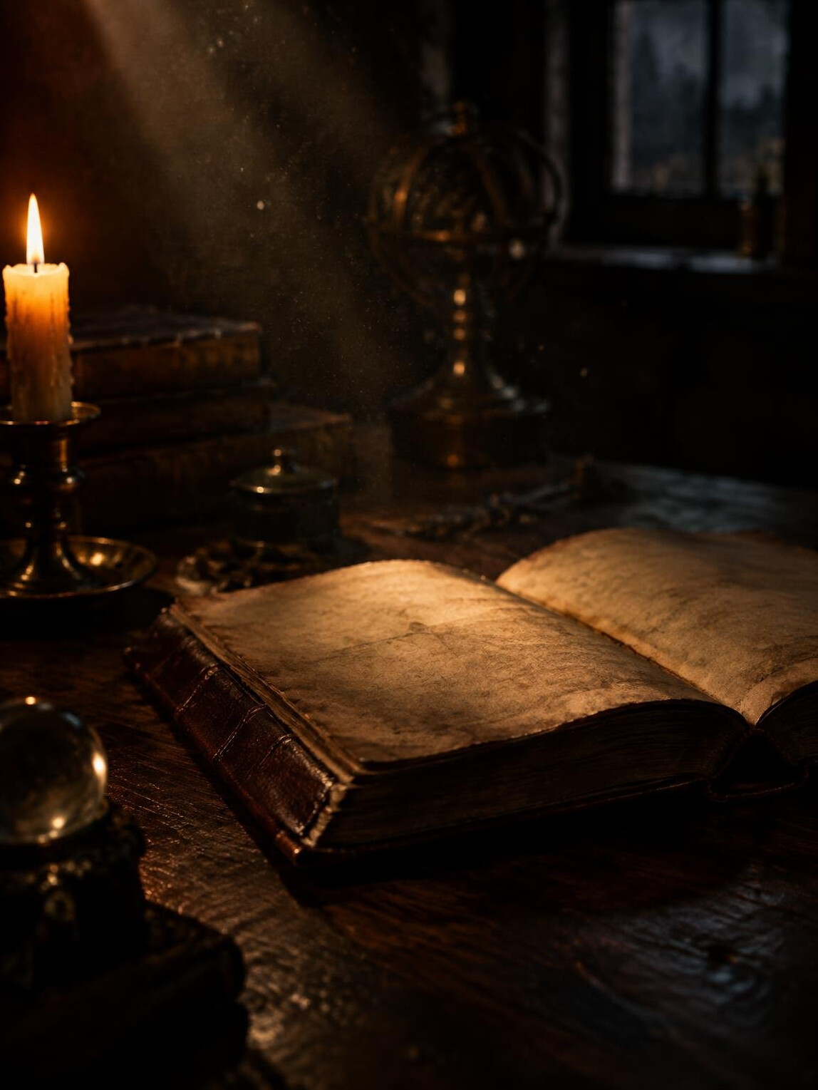 Old leather-bound book lying open on a dark wooden table