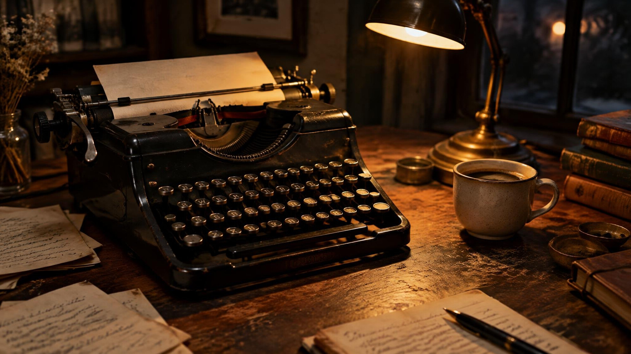Vintage typewriter on a wooden desk with scattered notes and a cup of coffee