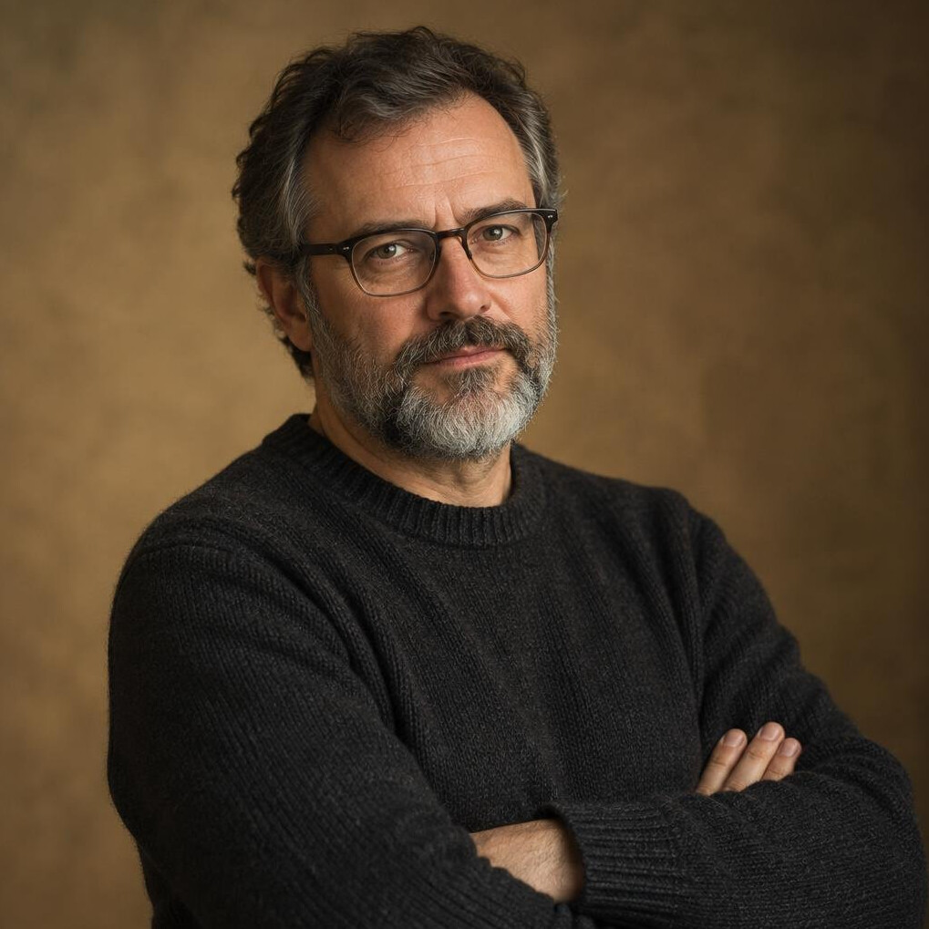 Studio portrait of a middle-aged Croatian male author with a beard, glasses and a thoughtful expression