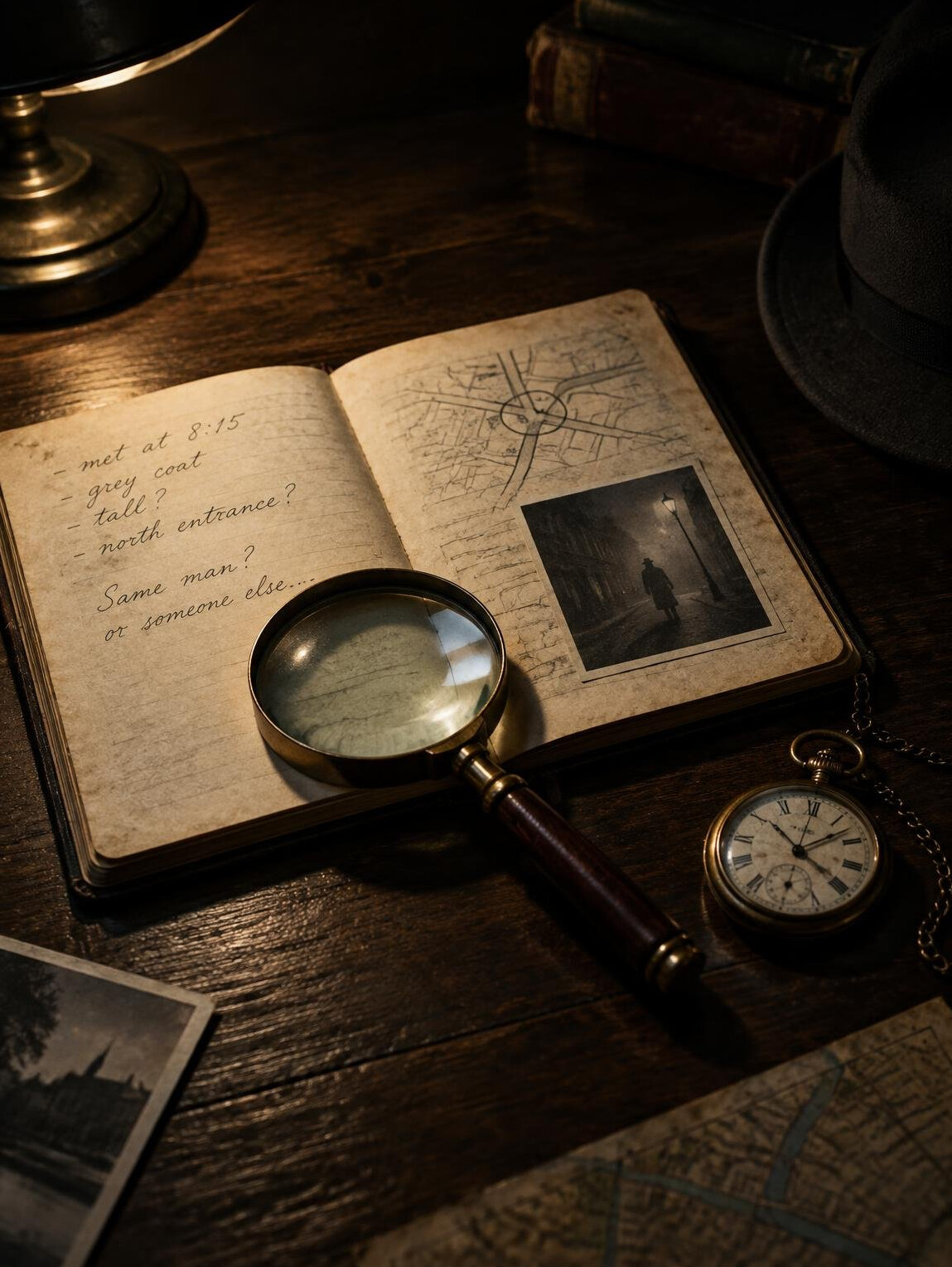 Open notebook with handwritten notes beside a magnifying glass on a dark table