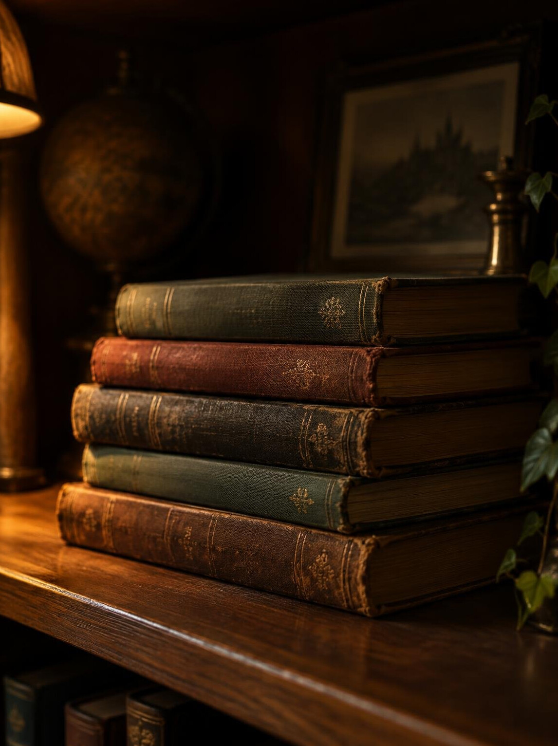 Stack of old hardcover books on a wooden shelf in dim light