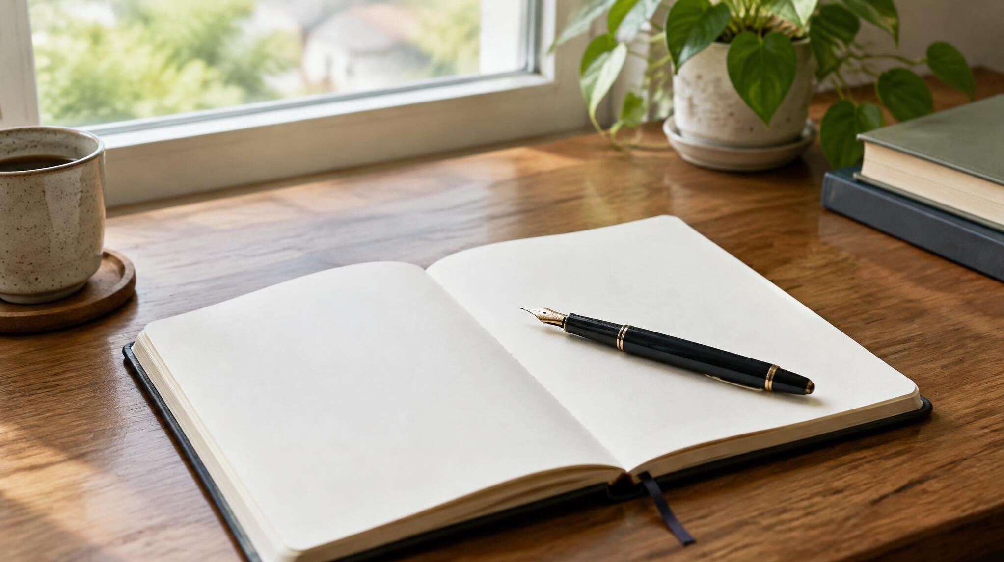 Fountain pen resting on an open notebook on a wooden desk